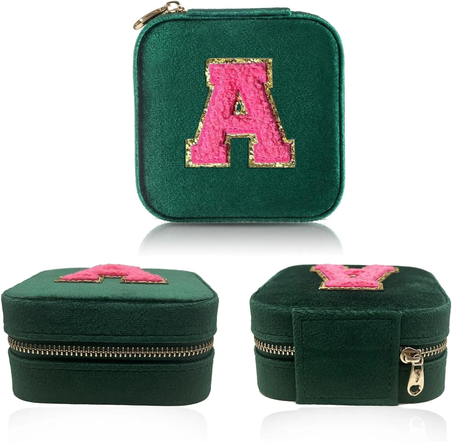 Personalized Velvet Travel Jewelry Case Box For Women Ring Necklace Earring Holder Organizer with Mirror Green Girls Box Birthday Gifts Mom Initial Q