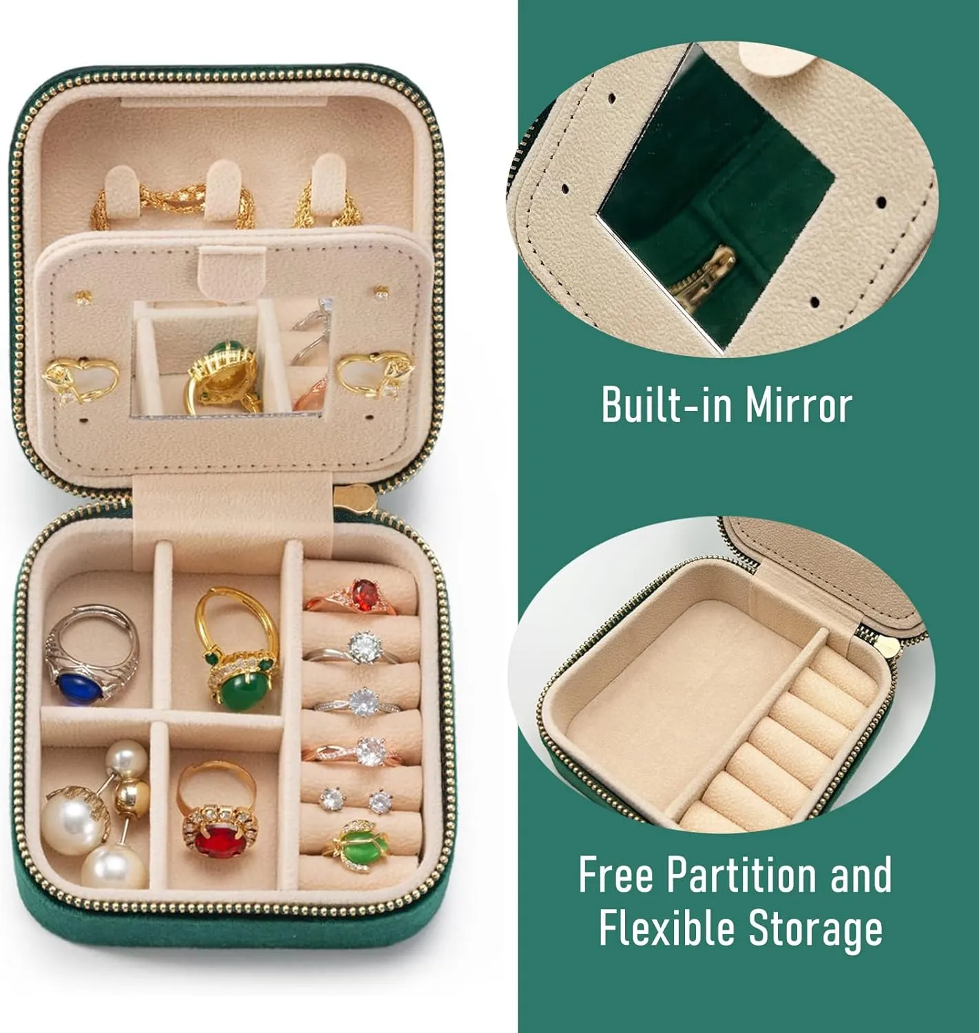 Personalized Velvet Travel Jewelry Case Box For Women Ring Necklace Earring Holder Organizer with Mirror Green Girls Box Birthday Gifts Mom Initial Q