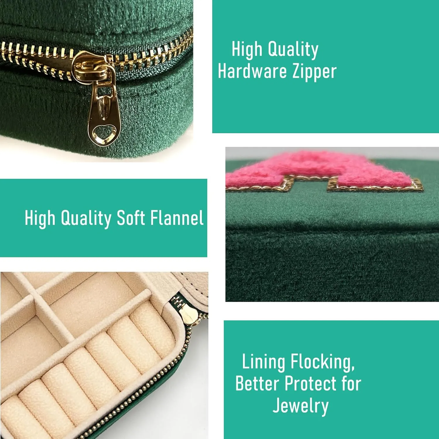 Personalized Velvet Travel Jewelry Case Box For Women Ring Necklace Earring Holder Organizer with Mirror Green Girls Box Birthday Gifts Mom Initial Q