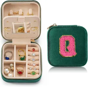 Personalized Velvet Travel Jewelry Case Box For Women Ring Necklace Earring Holder Organizer with Mirror Green Girls Box Birthday Gifts Mom Initial Q