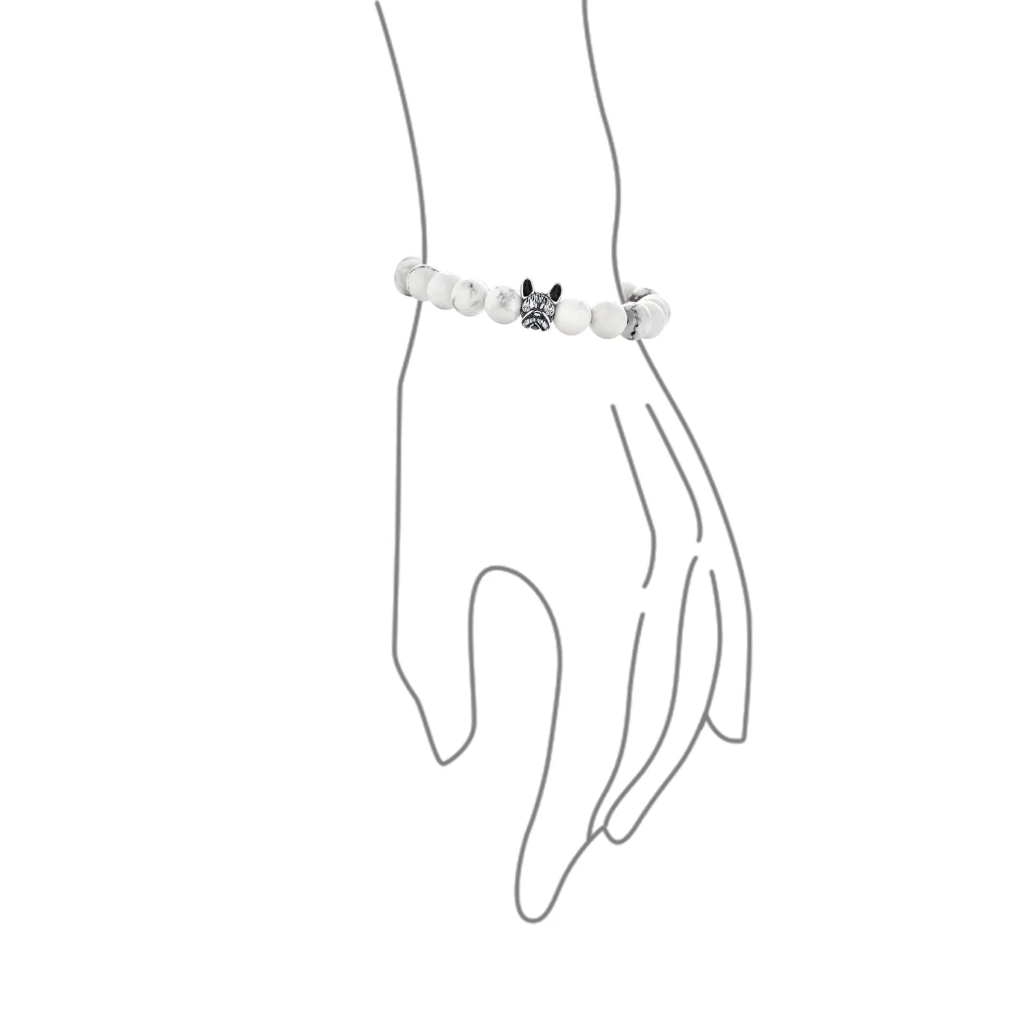 Pet Charm Frenchie Dog Boxer Gemstone Howlite Bead Stretch Bracelet Silver Plated