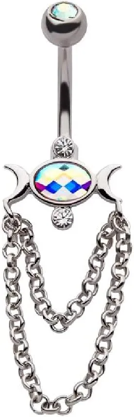 Pierced Owl 14GA Double Crescent Moons with Dangle Chains 316L Surgical Stainless Steel Navel Belly Button Ring