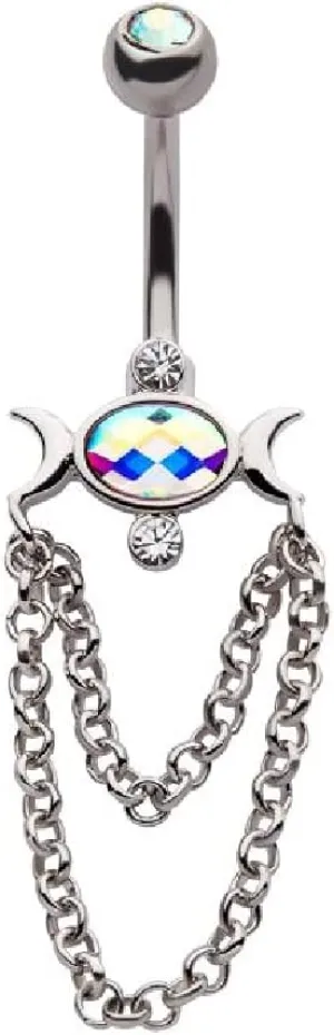 Pierced Owl 14GA Double Crescent Moons with Dangle Chains 316L Surgical Stainless Steel Navel Belly Button Ring