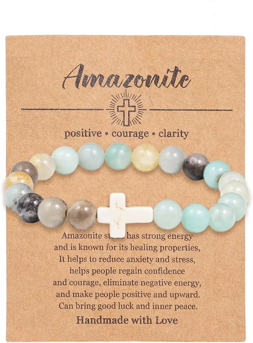 Pingyongchang Christian Gifts for Women Men Cross Healing Crystal Bracelet Faith Easter Catholic Religious Bracelet Natural Stone Stretch Bracelets Stress Relief Anxiety Yoga Bracelet For Teens