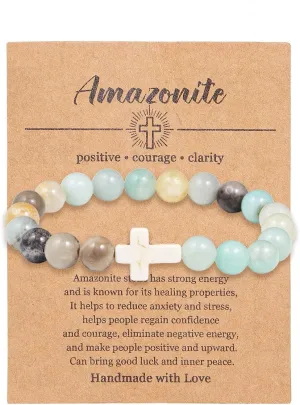 Pingyongchang Christian Gifts for Women Men Cross Healing Crystal Bracelet Faith Easter Catholic Religious Bracelet Natural Stone Stretch Bracelets Stress Relief Anxiety Yoga Bracelet For Teens