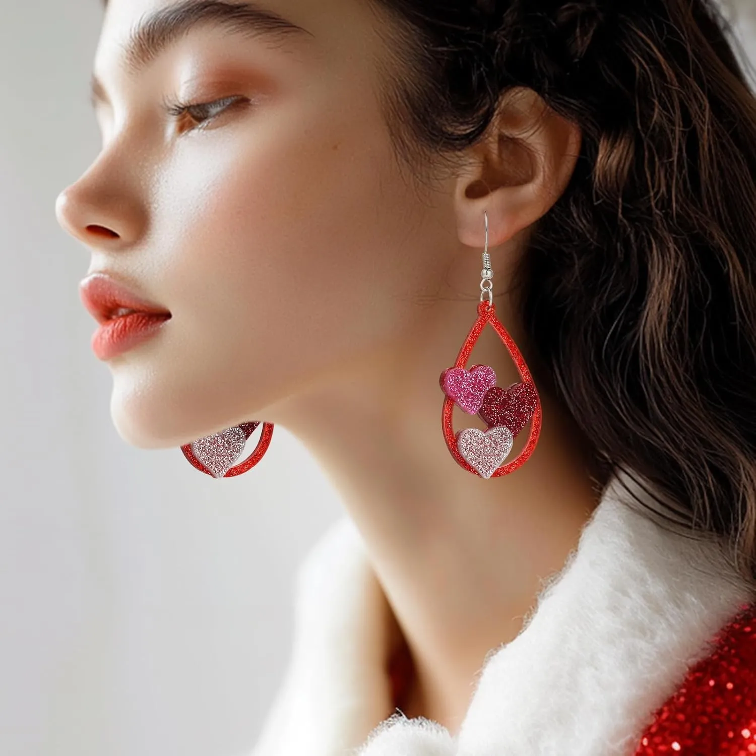 Pingyongchang Cute Animal Insect Cat Penguin Dangle Drop Earrings Red Glitter Love Heart Gnome Lightweight Acrylic Earrings for Women Couple Gift