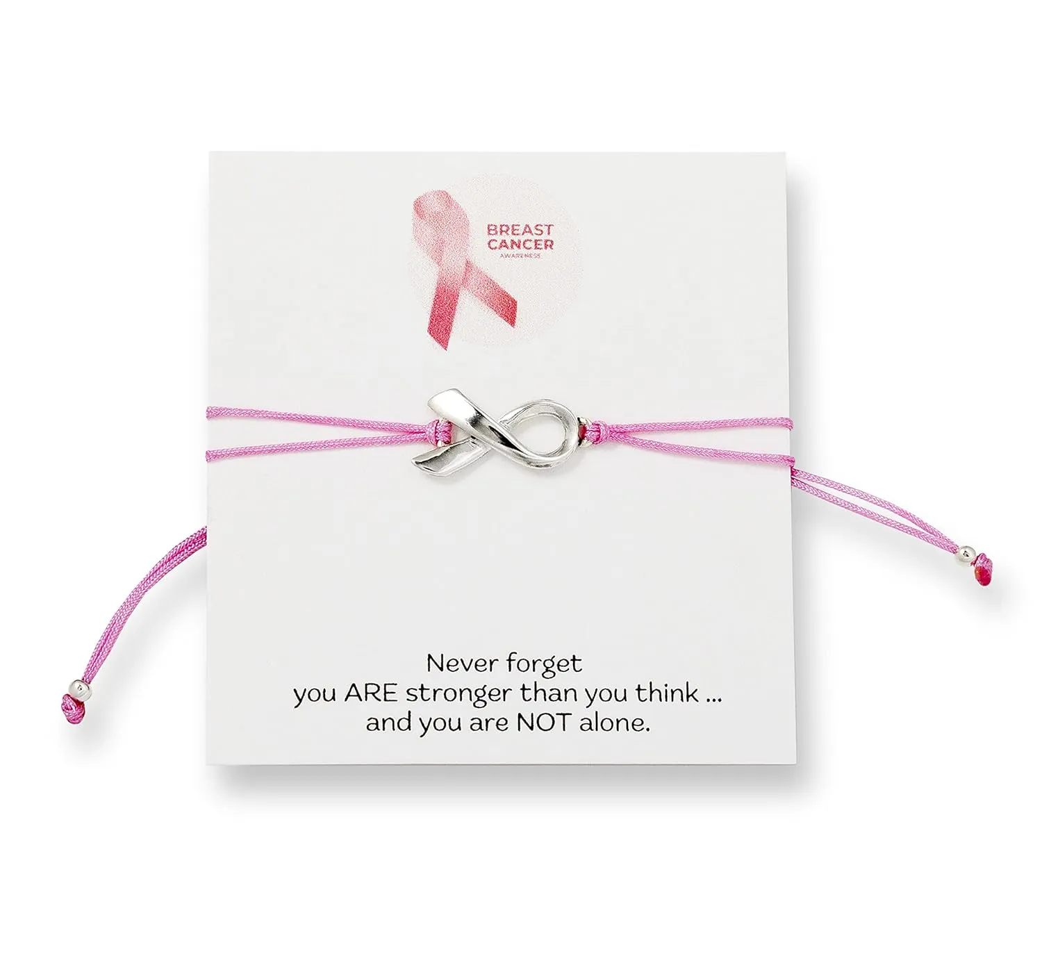 Pink Breast Cancer Awareness Bracelet With Large Sterling Silver Plated Ribbon Shaped Charm and Friendship Support Message Card, Womens Adjustable Pull Thread Cord with Silver Bead Ends