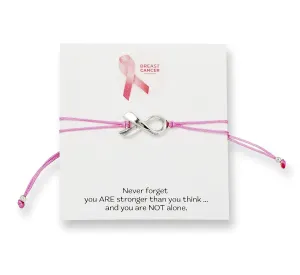 Pink Breast Cancer Awareness Bracelet With Large Sterling Silver Plated Ribbon Shaped Charm and Friendship Support Message Card, Womens Adjustable Pull Thread Cord with Silver Bead Ends