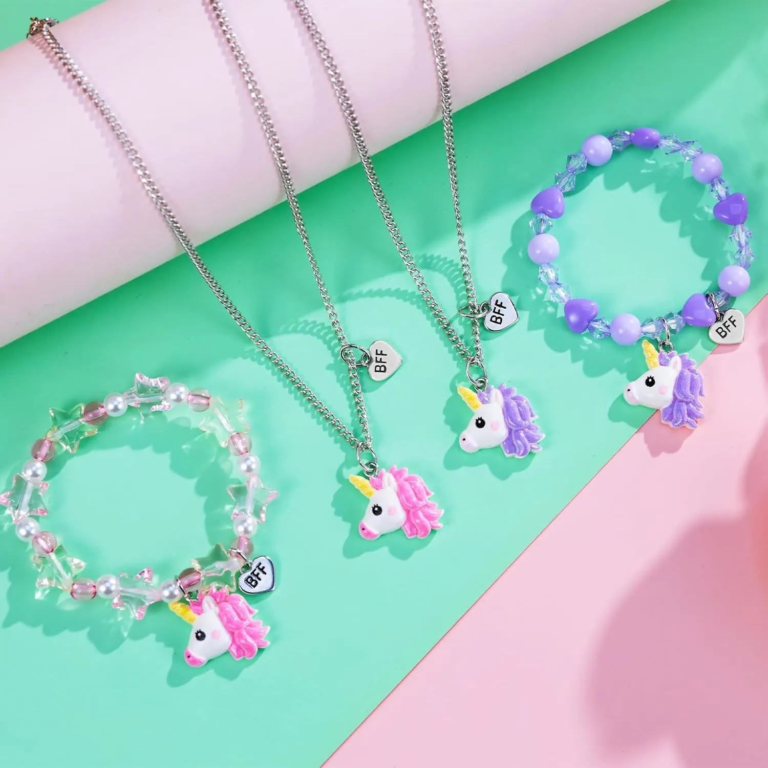 PinkSheep BFF Necklaces and Bracelet for 2, Butterfly Unicorn Princess Friendship Necklace for Teen Girls Best Friend Birthday Gift