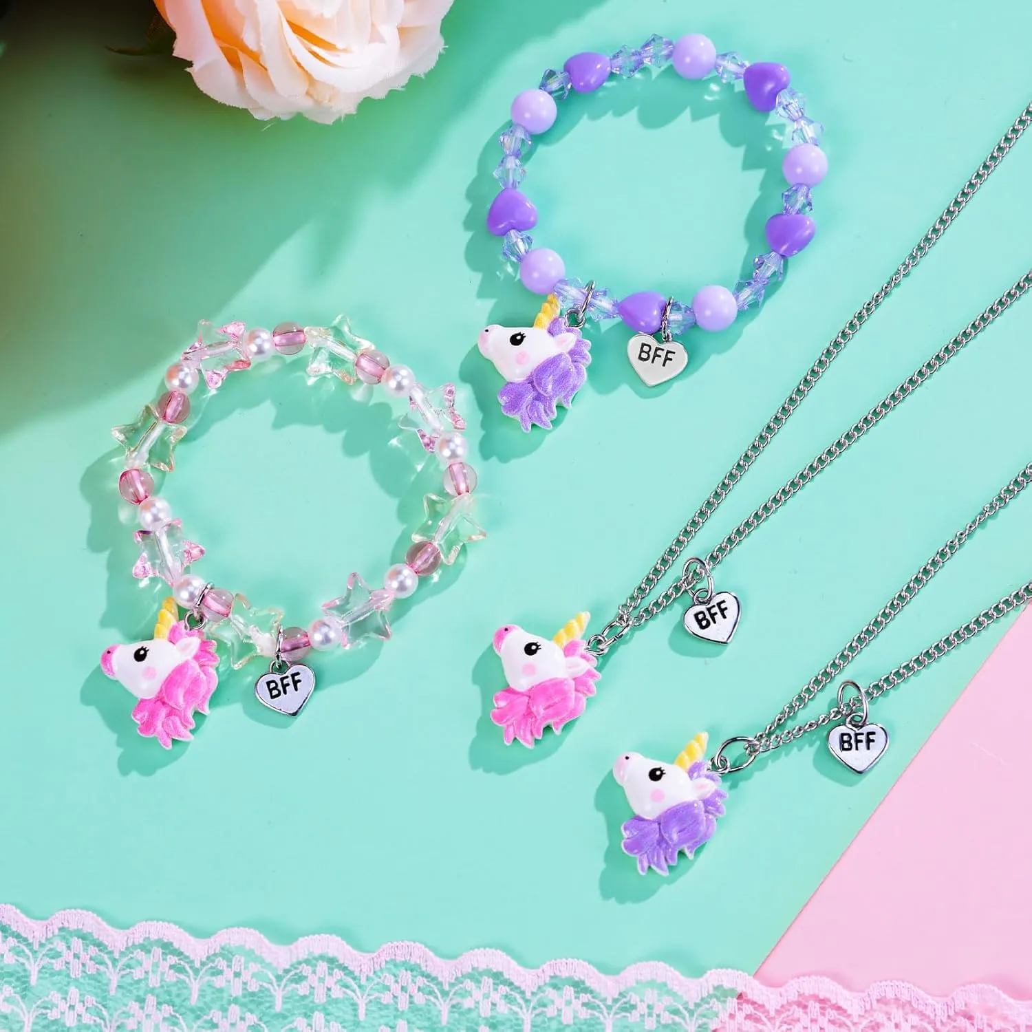 PinkSheep BFF Necklaces and Bracelet for 2, Butterfly Unicorn Princess Friendship Necklace for Teen Girls Best Friend Birthday Gift