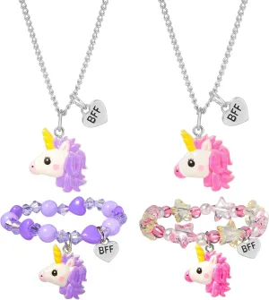 PinkSheep BFF Necklaces and Bracelet for 2, Butterfly Unicorn Princess Friendship Necklace for Teen Girls Best Friend Birthday Gift
