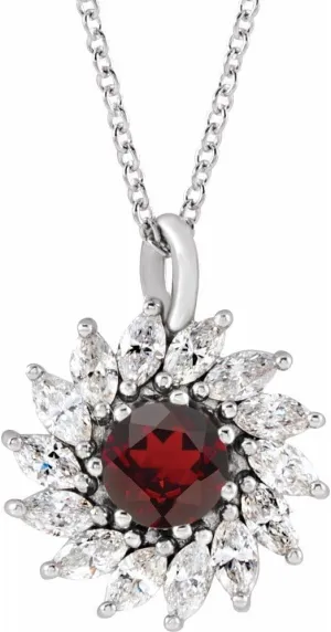 Platinum 6mm Round Shape Mozambique Garnet and 3/4 cttw Diamond Halo-Style Necklace Fine Jewelry for Women Gifts for Her (17.79x13.89mm, G-I, SI2-SI3), 16-18"