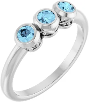 Platinum Aquamarine 3 Three-Stone Bezel-Set Fashion Ring Fine Jewelry For Women Gifts For Her, Size 7