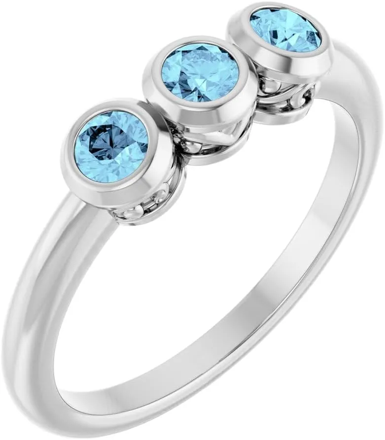 Platinum Aquamarine 3 Three-Stone Bezel-Set Fashion Ring Fine Jewelry For Women Gifts For Her, Size 7