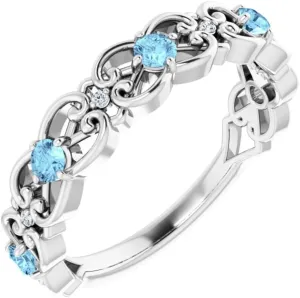 Platinum Aquamarine and .02 cttw Diamond Vintage-Inspired Scroll Stackable Fashion Ring Fine Jewelry For Women Gifts For Her, Size 7