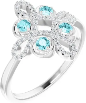 Platinum Blue Zircon and 1/6 cttw Diamond Accented Clover Fashion Ring Fine Jewelry For Women Gifts For Her, Size 7