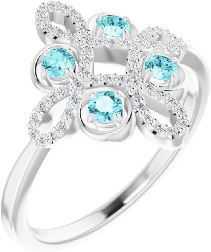 Platinum Blue Zircon and 1/6 cttw Diamond Accented Clover Fashion Ring Fine Jewelry For Women Gifts For Her, Size 7