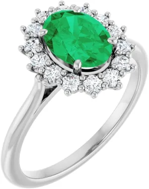 Platinum Lab-Grown Emerald and 3/8 cttw Diamond Halo-Style Fashion Ring Fine Jewelry For Women Gifts For Her, Size 7