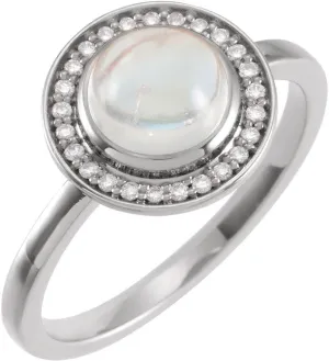 Platinum Rainbow Moonstone and 1/10 cttw Diamond Halo-Style Cabochon Fashion Ring Fine Jewelry For Women Gifts For Her, Size 7