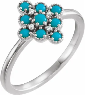 Platinum Turquoise and .02 cttw Diamond Cluster Fashion Ring Fine Jewelry For Women Gifts For Her, Size 7