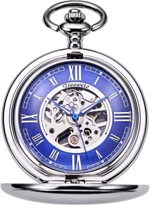 Pocket Watch - Smooth Double Case Series Skeleton Dial Delicate Mechanical Movement with Chain, Gold/Silver
