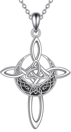 POPLYKE Cross Necklace 925 Sterling Silver Celtic Knot Necklace Moon Pendant Vintage Irish Knot Pendant Jewelry Gifts to Women Birthday Religious