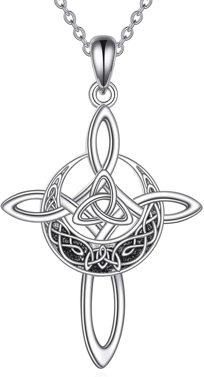POPLYKE Cross Necklace 925 Sterling Silver Celtic Knot Necklace Moon Pendant Vintage Irish Knot Pendant Jewelry Gifts to Women Birthday Religious