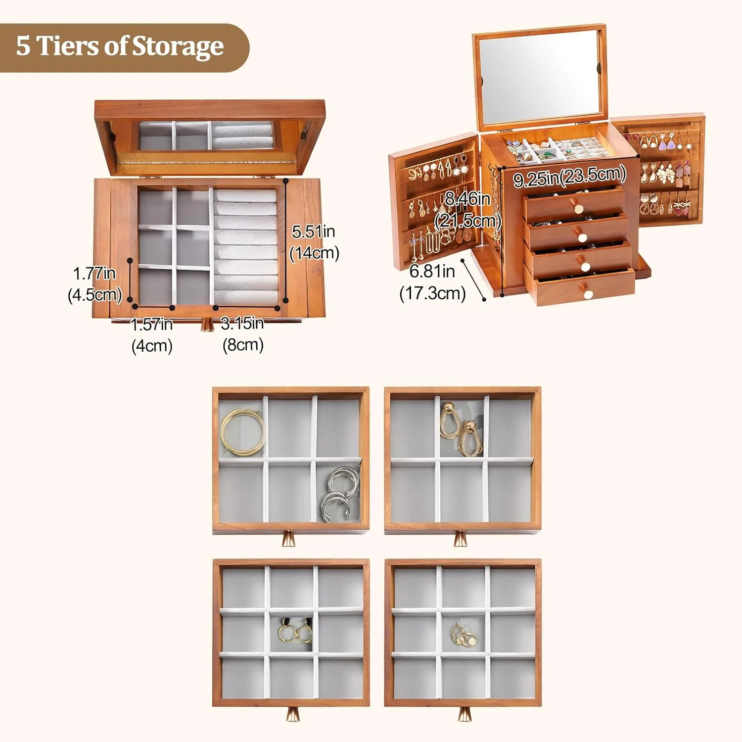 ProCase Large Jewelry Box, 5-Layer Wooden Jewelry Boxes for Women, Jewellery Holder Organizer Storage Case with Mirror for Earrings Bracelet Necklace for Dresser -Brown