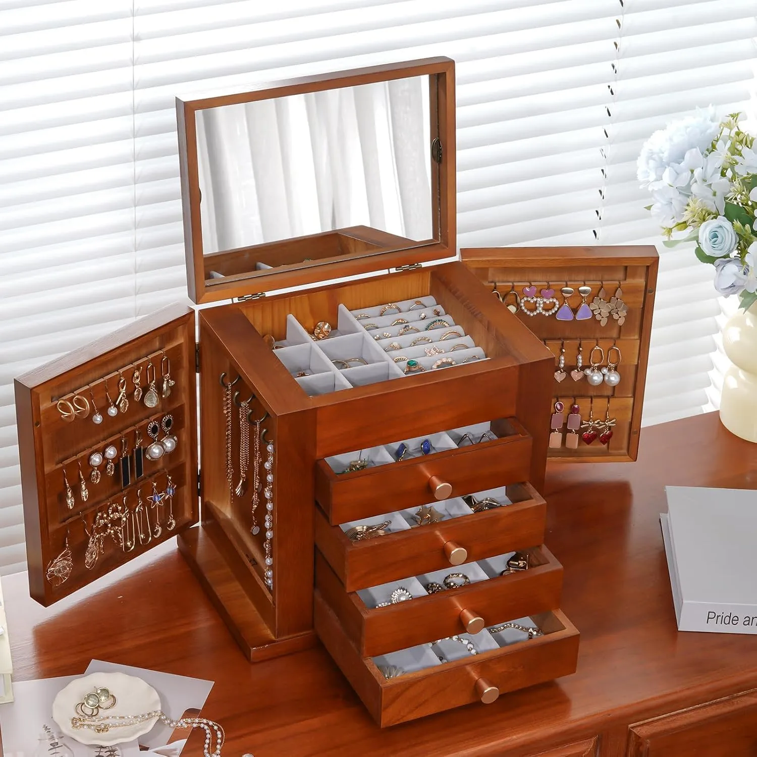 ProCase Large Jewelry Box, 5-Layer Wooden Jewelry Boxes for Women, Jewellery Holder Organizer Storage Case with Mirror for Earrings Bracelet Necklace for Dresser -Brown