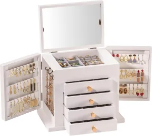 ProCase Large Jewelry Box, 5-Layer Wooden Jewelry Boxes for Women, Jewellery Holder Organizer Storage Case with Mirror for Earrings Bracelet Necklace for Dresser -White