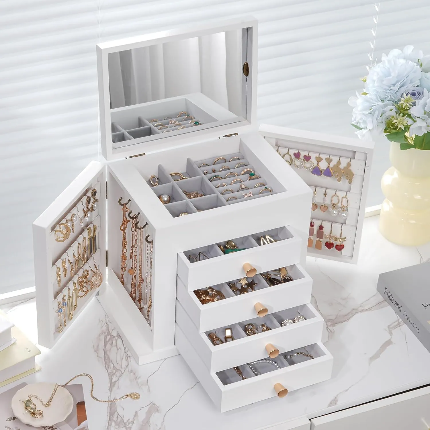 ProCase Large Jewelry Box, 5-Layer Wooden Jewelry Boxes for Women, Jewellery Holder Organizer Storage Case with Mirror for Earrings Bracelet Necklace for Dresser -White