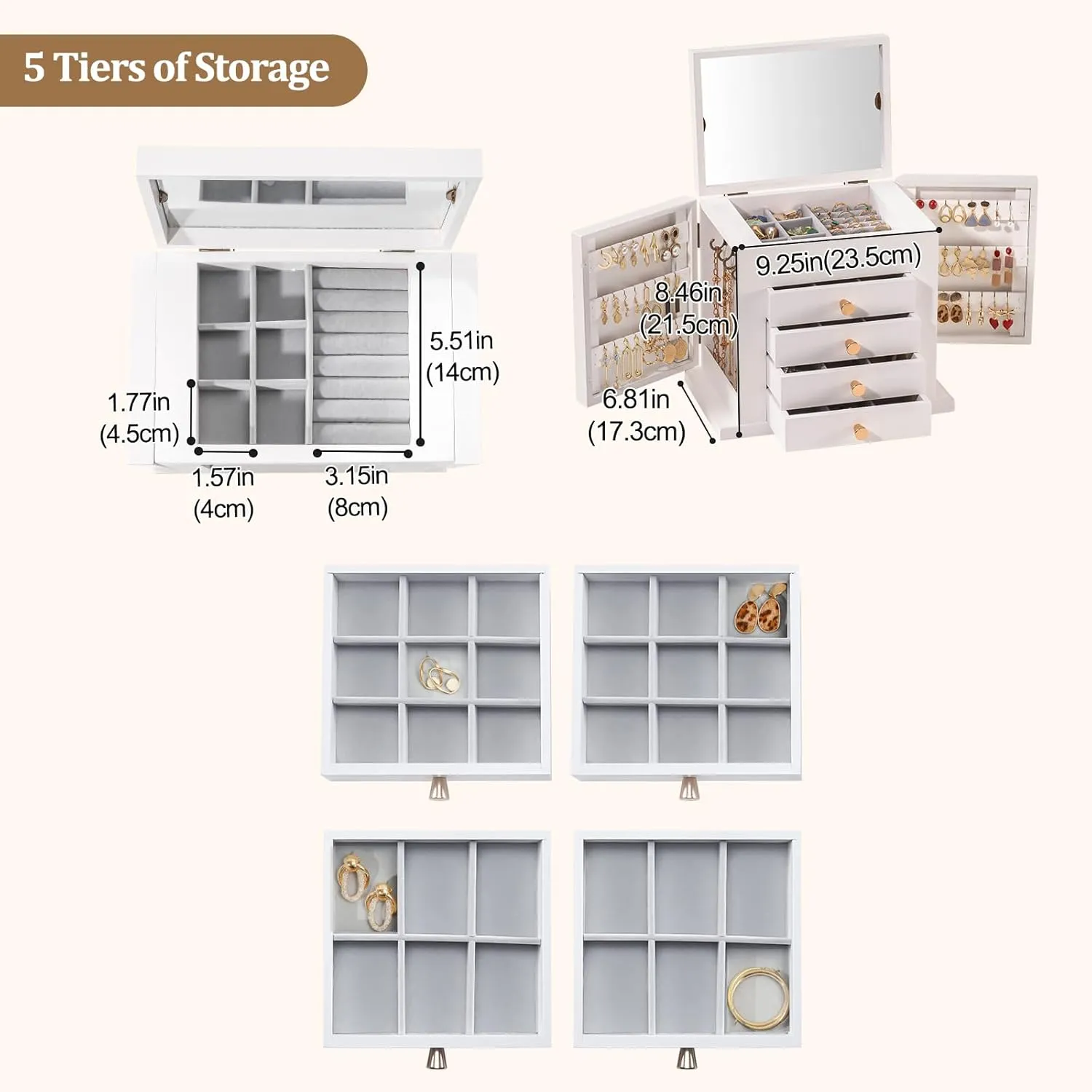 ProCase Large Jewelry Box, 5-Layer Wooden Jewelry Boxes for Women, Jewellery Holder Organizer Storage Case with Mirror for Earrings Bracelet Necklace for Dresser -White