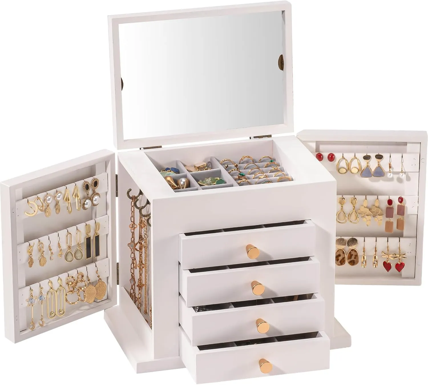 ProCase Large Jewelry Box, 5-Layer Wooden Jewelry Boxes for Women, Jewellery Holder Organizer Storage Case with Mirror for Earrings Bracelet Necklace for Dresser -White