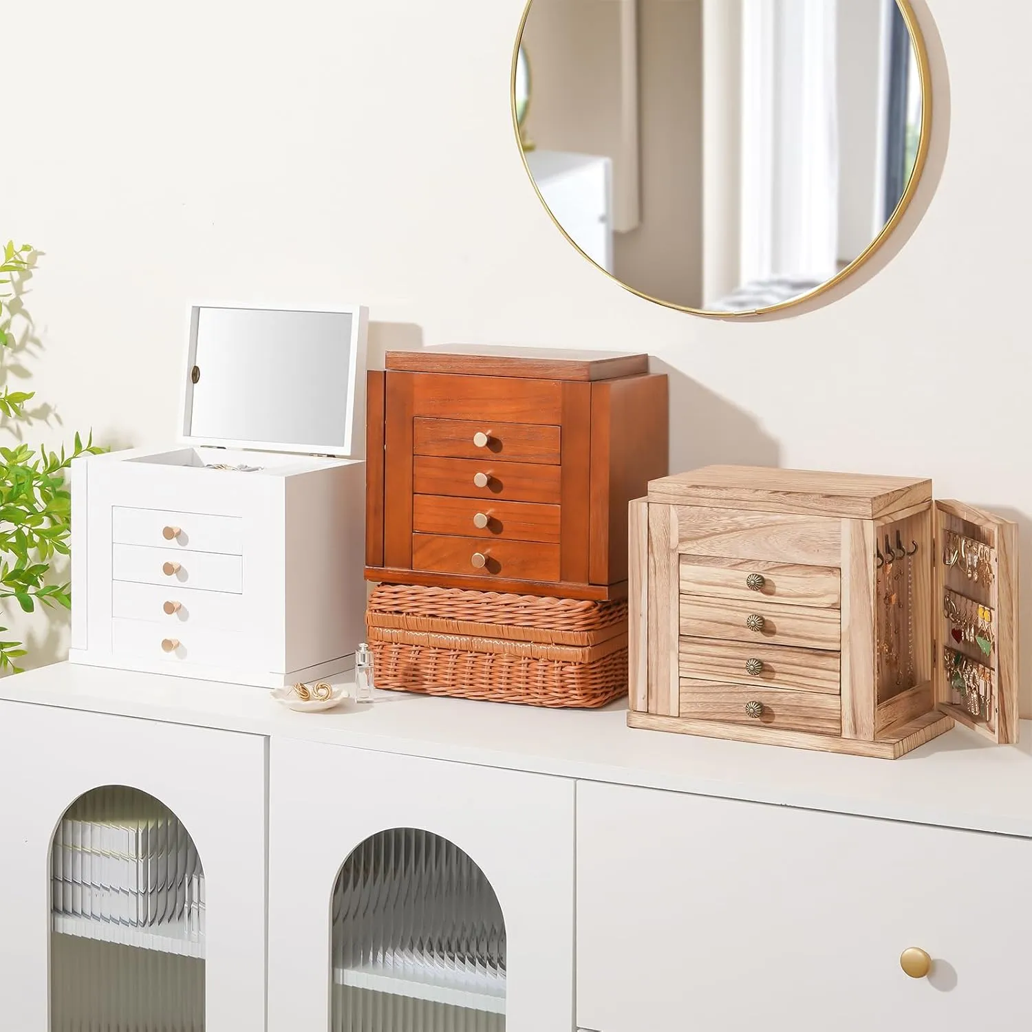ProCase Large Jewelry Box, 5-Layer Wooden Jewelry Boxes for Women, Jewellery Holder Organizer Storage Case with Mirror for Earrings Bracelet Necklace for Dresser -White