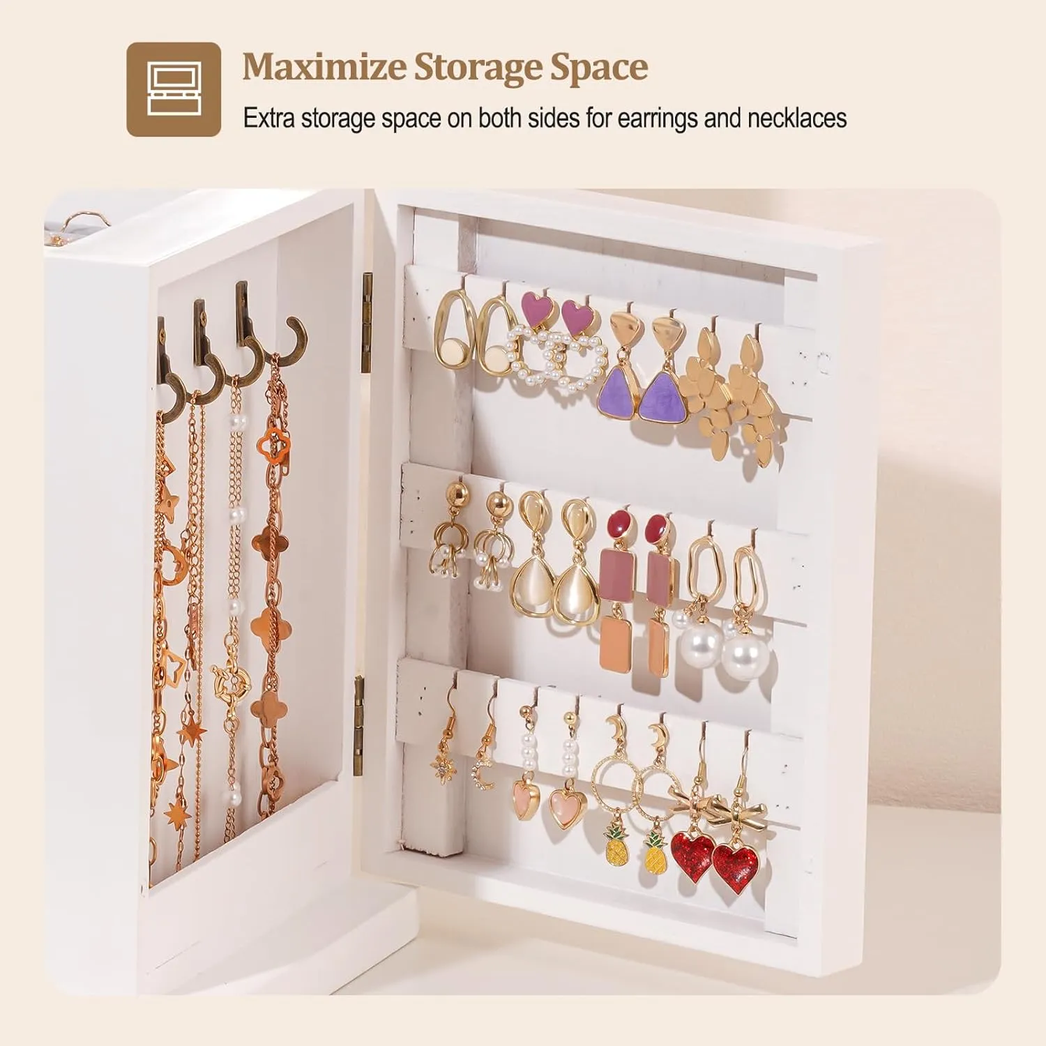 ProCase Large Jewelry Box, 5-Layer Wooden Jewelry Boxes for Women, Jewellery Holder Organizer Storage Case with Mirror for Earrings Bracelet Necklace for Dresser -White