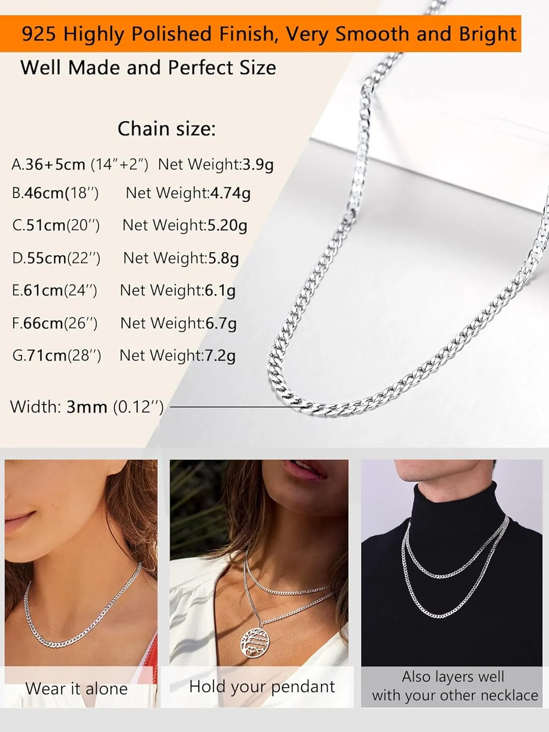 PROSTEEL 925 Sterling Silver Cuban Link Chain Necklace for Men, Dainty Figaro Chains, Solid & Shiny, 3mm/5mm, 14-28 inch, Come with Box