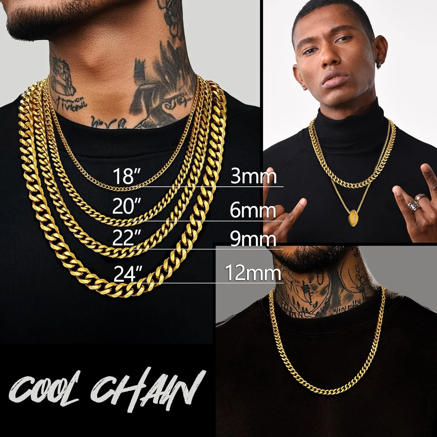 PROSTEEL Trendy Cuban Chain Necklace, Solid & Sturdy, Silver/Gold/Black Tone 316L Stainless Steel Chains, 3mm/6mm/9mm/12mm, 14-30 inch, Come with Box