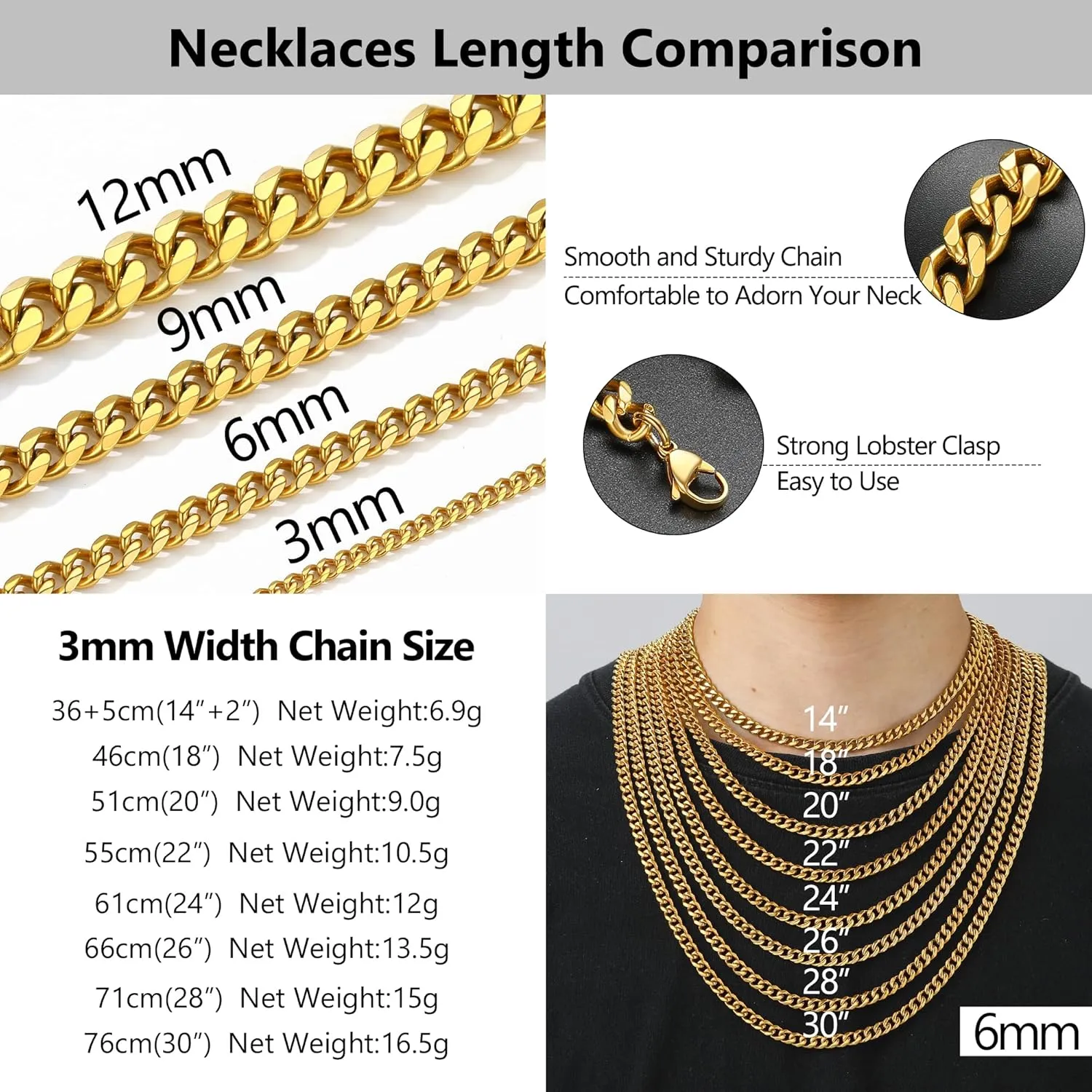 PROSTEEL Trendy Cuban Chain Necklace, Solid & Sturdy, Silver/Gold/Black Tone 316L Stainless Steel Chains, 3mm/6mm/9mm/12mm, 14-30 inch, Come with Box