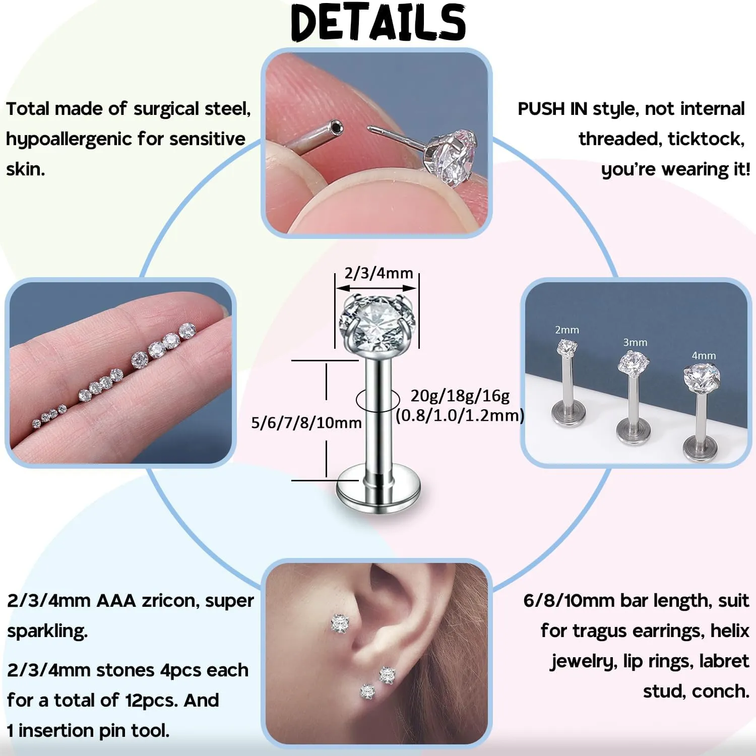 PunkTracker 13Pcs 20G/18G/16G Flat Back Earrings Stud 316L Surgical Stainless Steel Threadless Push in Nose Stud Tragus Helix Lip Medusa Piercing Jewelry