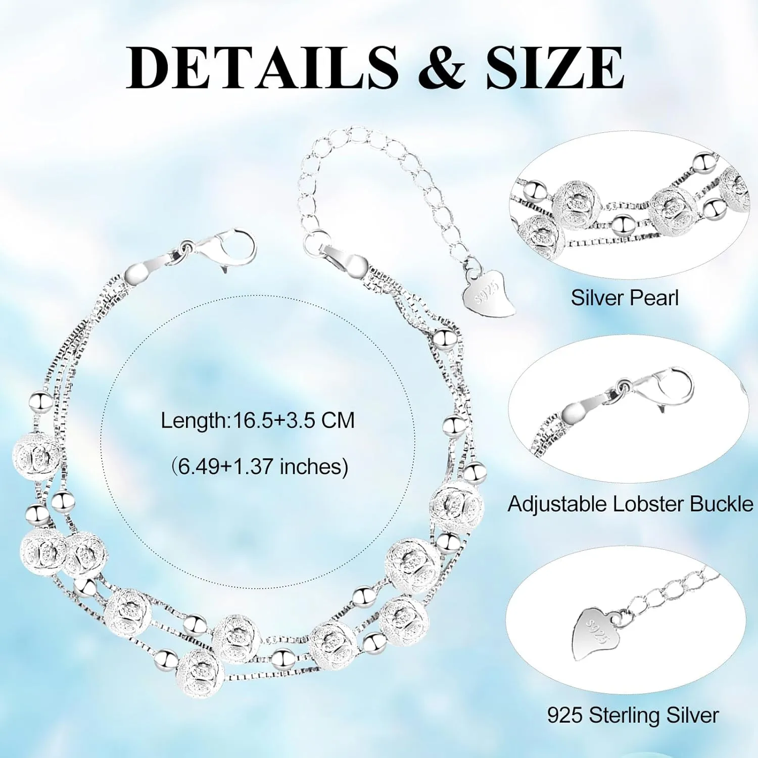 QianSiLi 925 Sterling Silver Charm Bracelet for Women Adjustable Beaded Layered Bracelets Silver Jewelry Gift for Women Teen