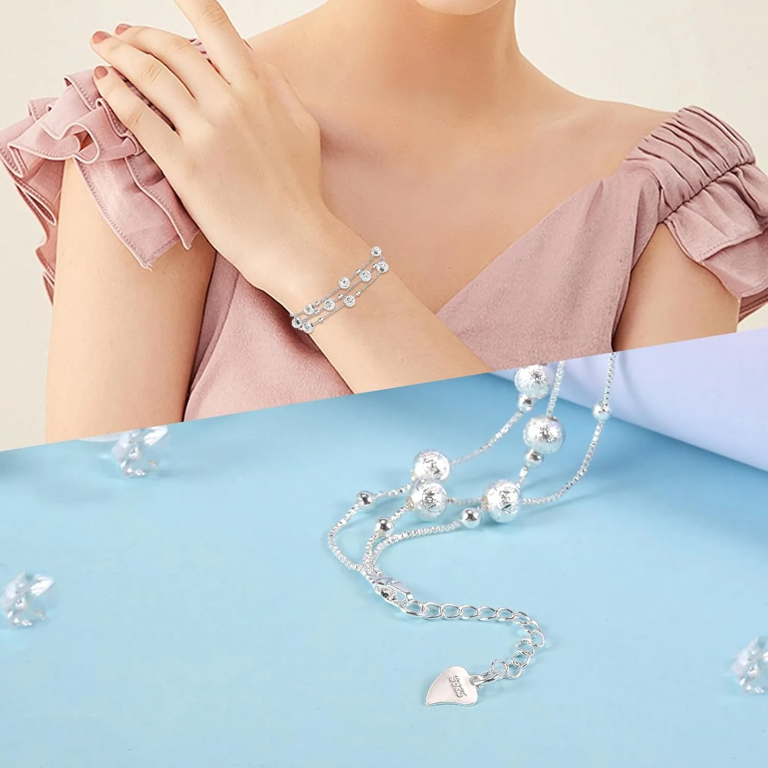 QianSiLi 925 Sterling Silver Charm Bracelet for Women Adjustable Beaded Layered Bracelets Silver Jewelry Gift for Women Teen