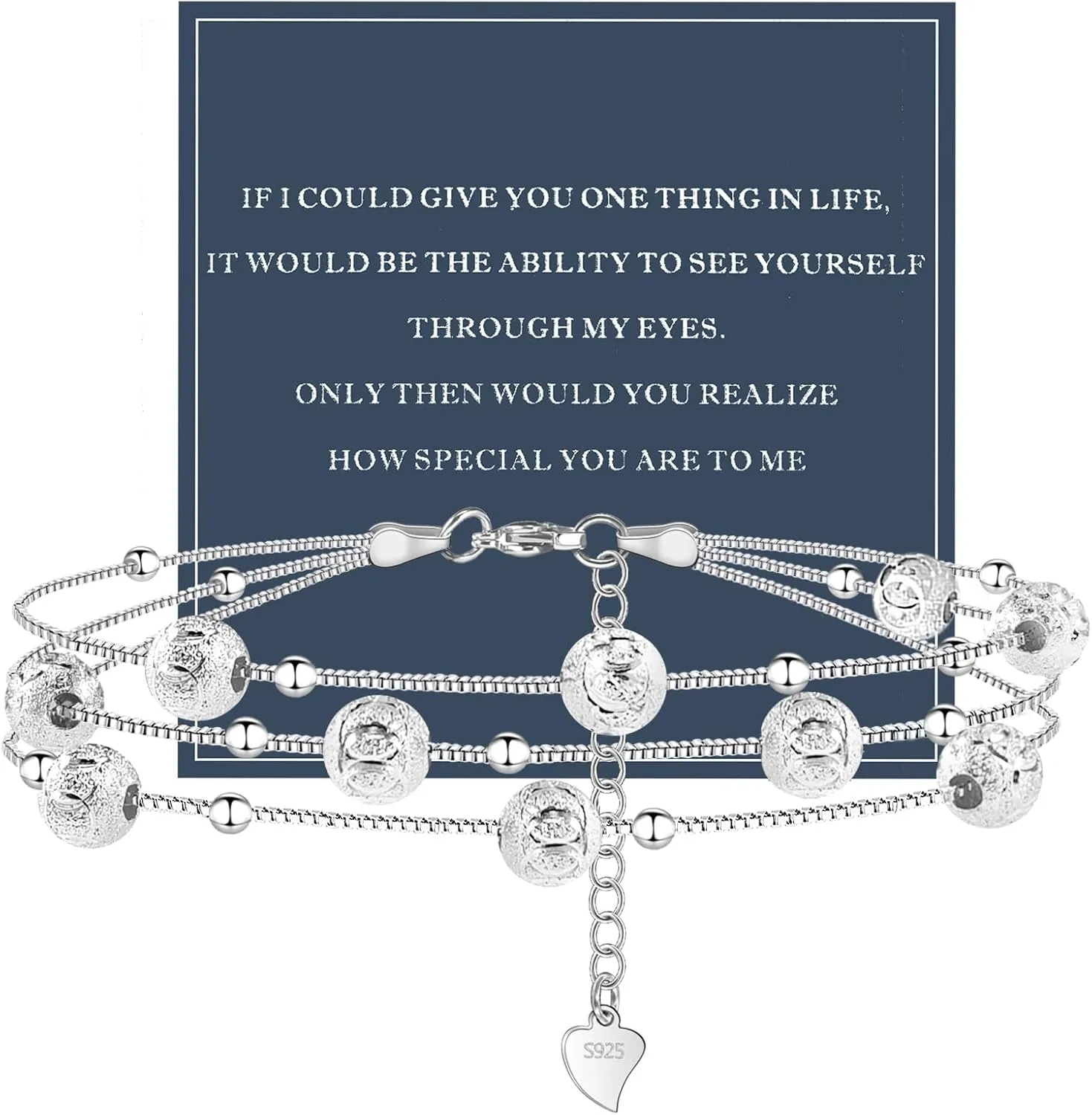 QianSiLi 925 Sterling Silver Charm Bracelet for Women Adjustable Beaded Layered Bracelets Silver Jewelry Gift for Women Teen