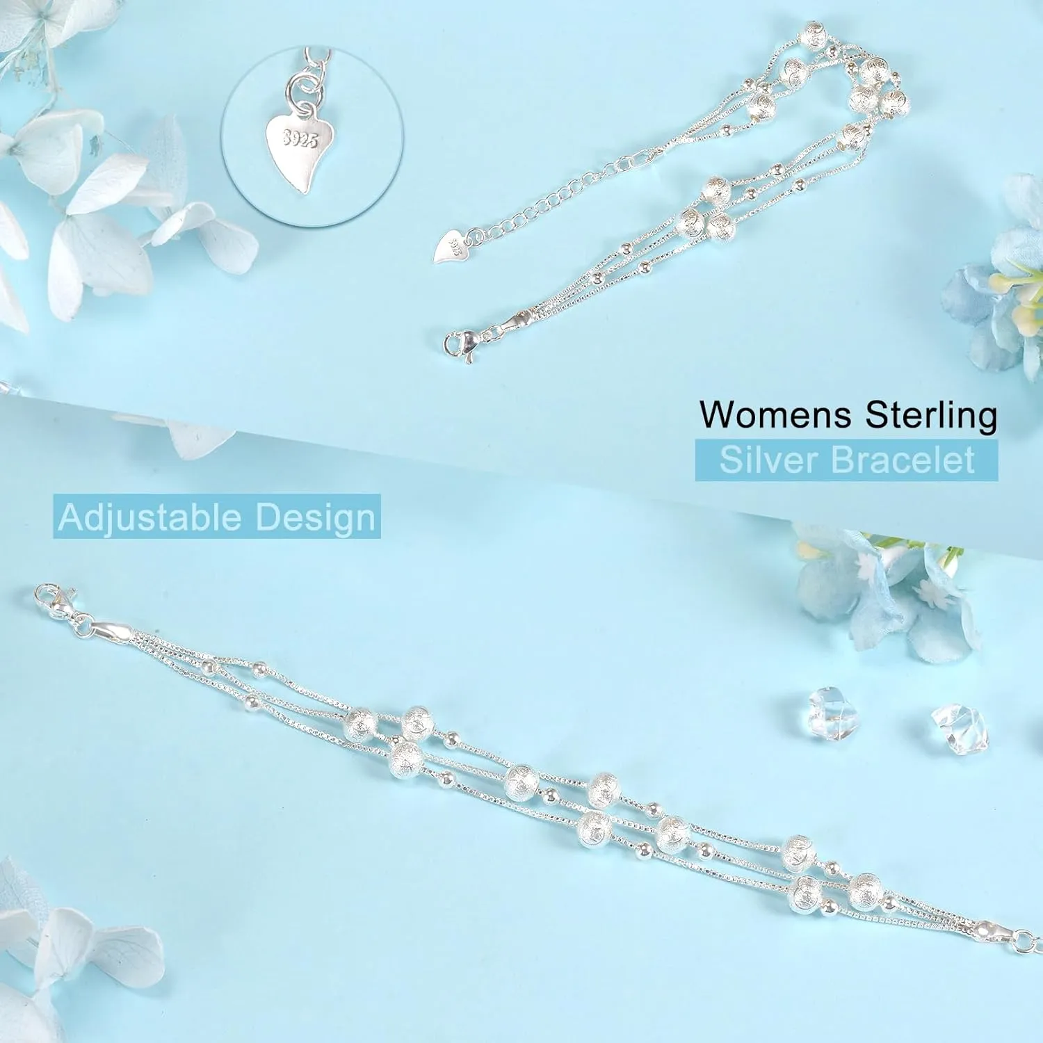 QianSiLi 925 Sterling Silver Charm Bracelet for Women Adjustable Beaded Layered Bracelets Silver Jewelry Gift for Women Teen