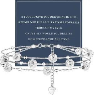 QianSiLi 925 Sterling Silver Charm Bracelet for Women Adjustable Beaded Layered Bracelets Silver Jewelry Gift for Women Teen