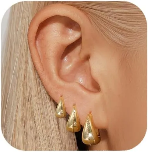 Quinby Gold Hoop Earrings For Women,Hypoallergenic Gold Chunky Earrings For Women,14k Gold Plated Thick Huggie Hoop Earrings