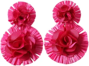 Raffia Beach Earrings Fashion Earrings for Women Flower Straw Wrapped Hot Pink Flower Drop Dangle Earrings Summer Tropical Beach Jewelry, Yellow