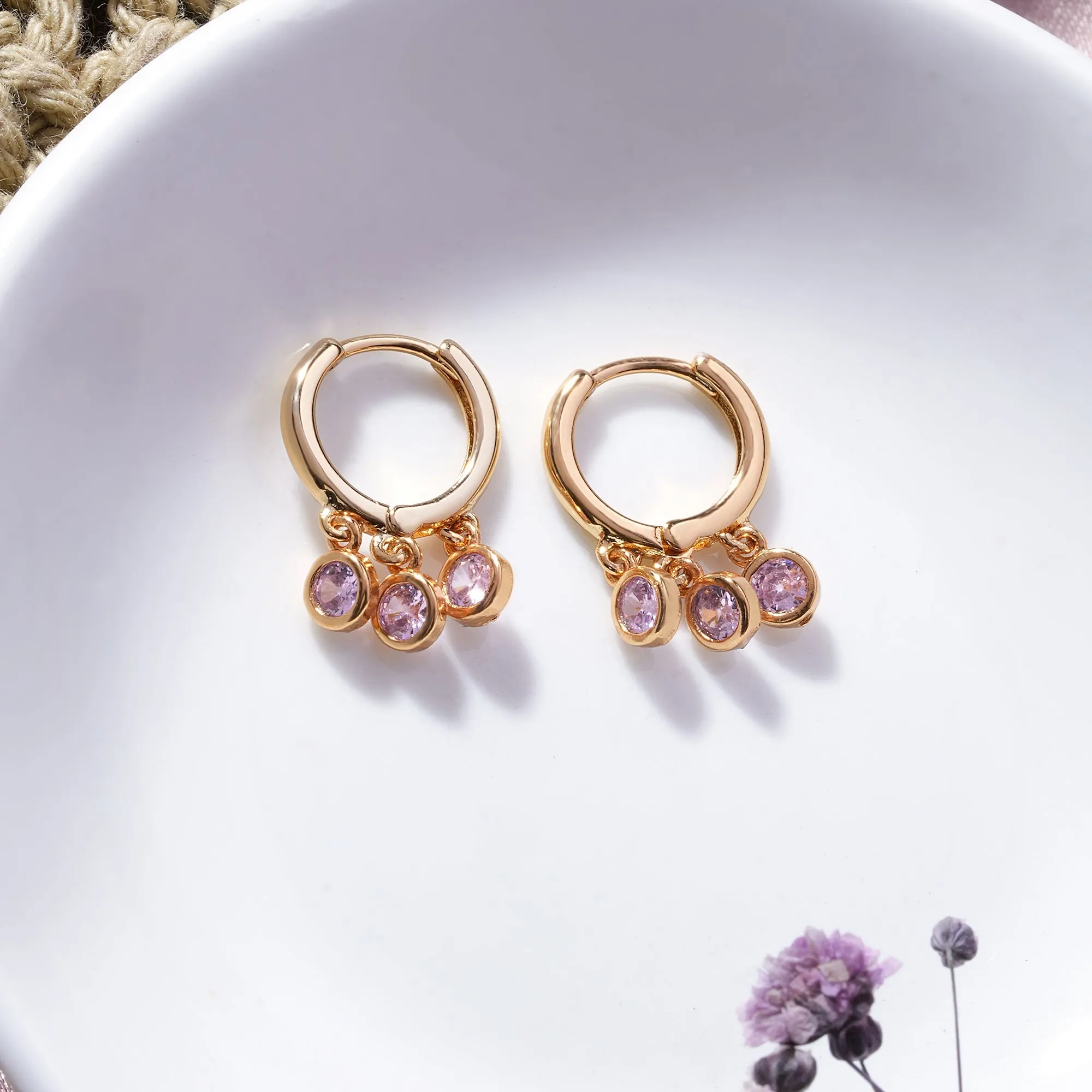 Real Gold Plated Pink Z Sparkle Charm Station Huggies Earrings