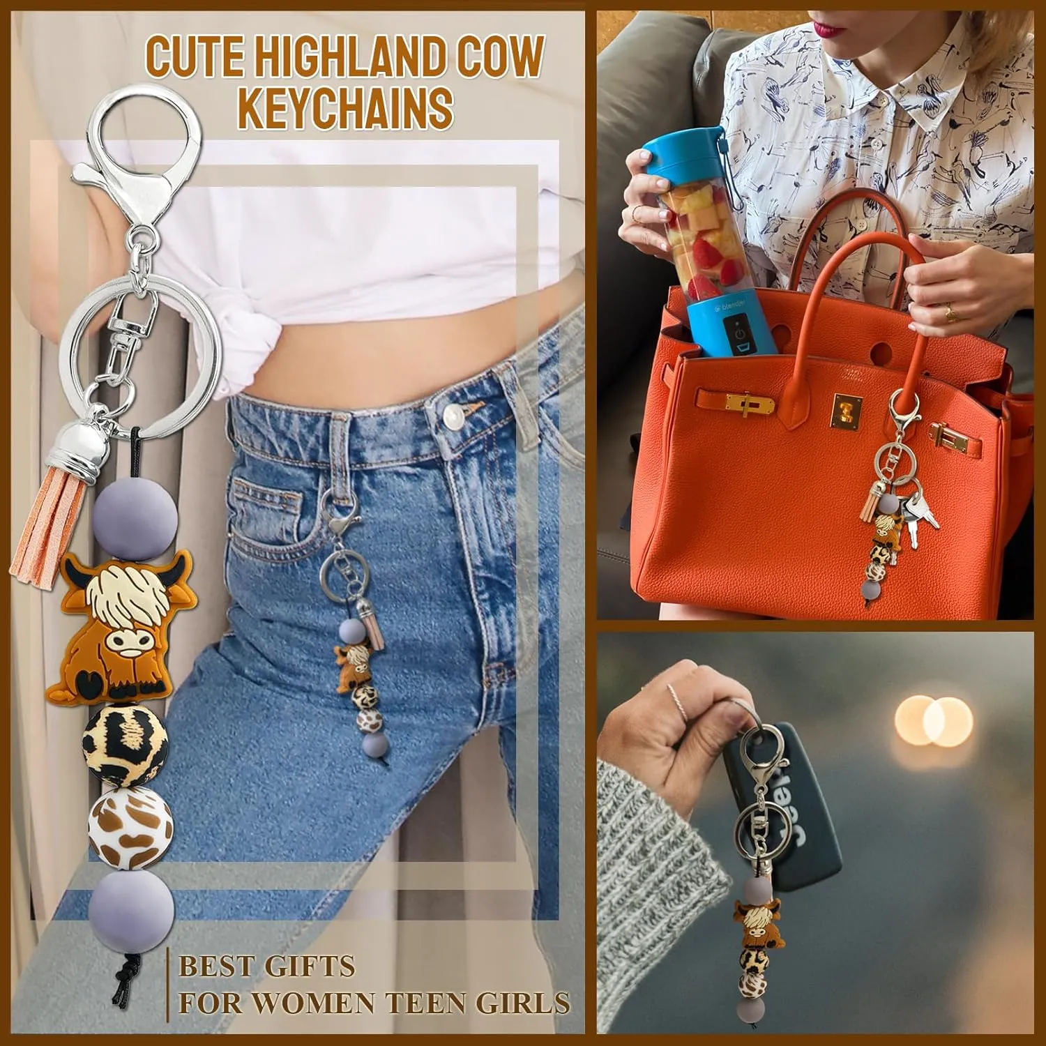 RechicGu 2x Highland Cow Silicone Keychain Wristlet Backpack Car Key Chains Cute Highland Cow Gifts For Women Girls Lovers