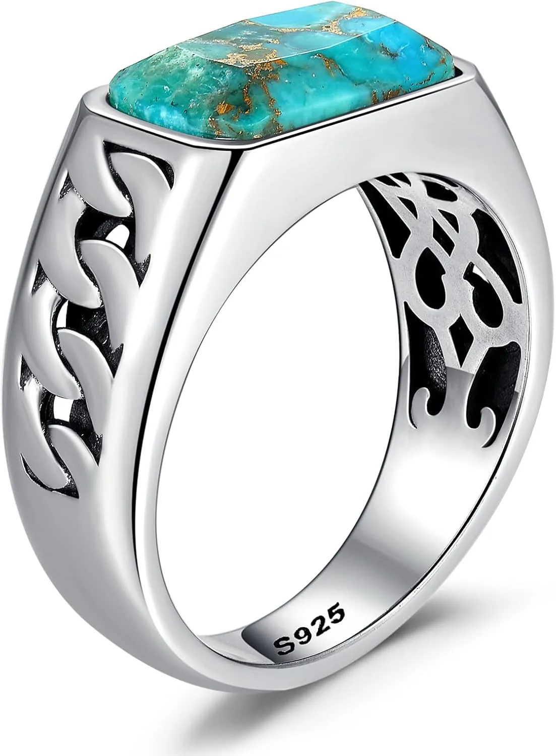 Rectangle Cut Mens Teal Turquoise/Synthetic Black Onyx Rings 925 Sterling Silver Mens Cuban Link Ring Handmade Anillos de Hombre Thumb Ring for Birthday Jewelry Gift Band Width 4.8mm Size 8-12