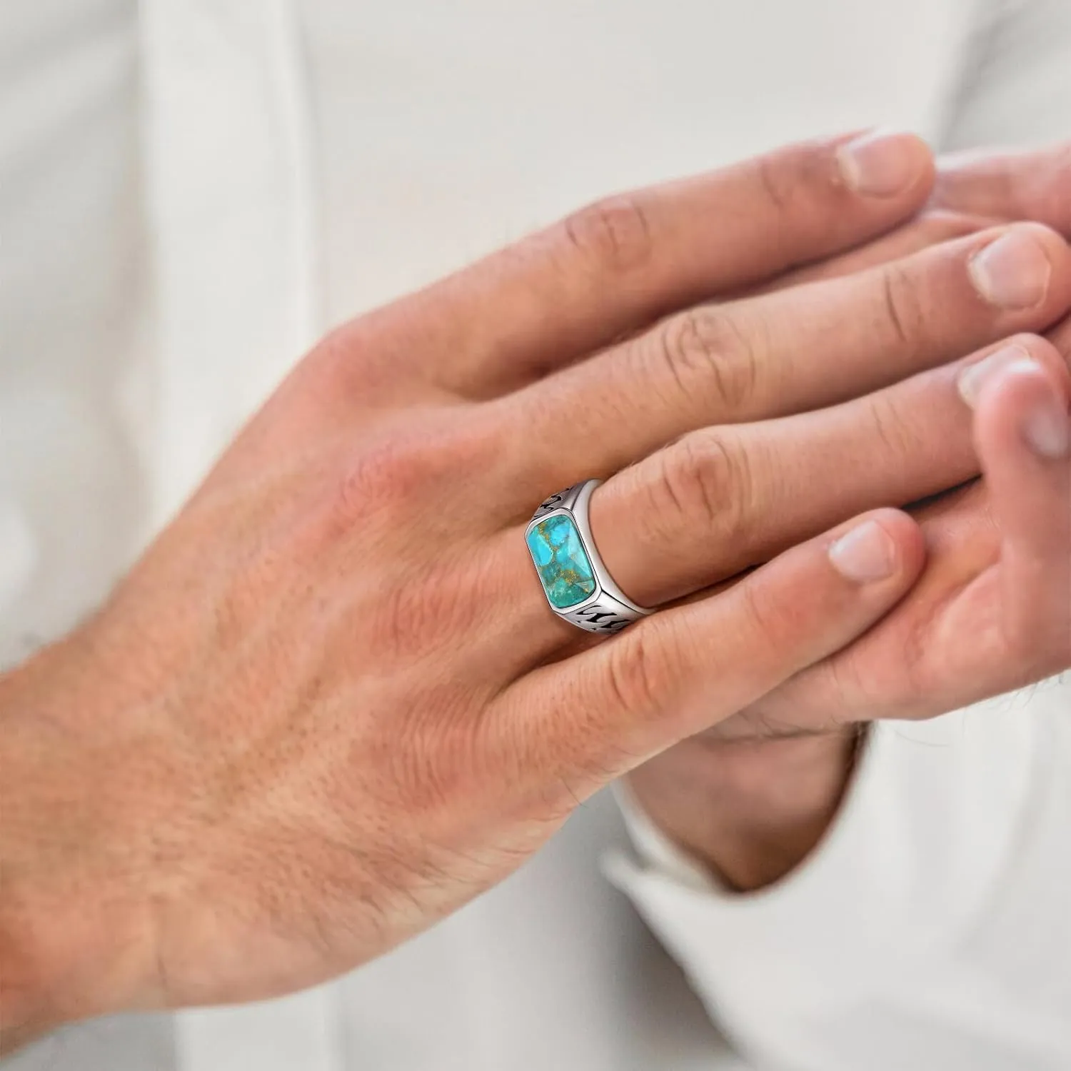 Rectangle Cut Mens Teal Turquoise/Synthetic Black Onyx Rings 925 Sterling Silver Mens Cuban Link Ring Handmade Anillos de Hombre Thumb Ring for Birthday Jewelry Gift Band Width 4.8mm Size 8-12
